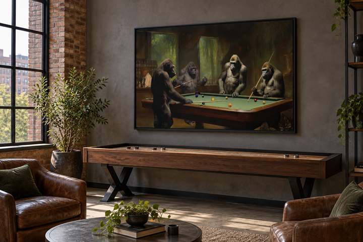Framed canvas wall art of gorillas playing billiards in a dark-toned industrial game room.