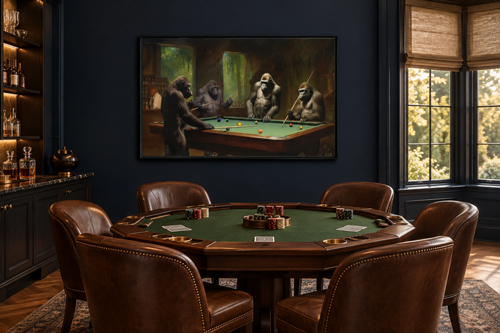 Framed canvas wall art of gorillas playing billiards in a dark navy poker room with a card table.