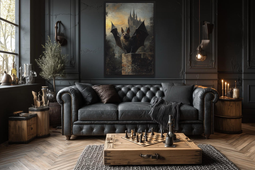 Gothic Bat With Wings Spread in Front of Haunted Castle Halloween Wall Art