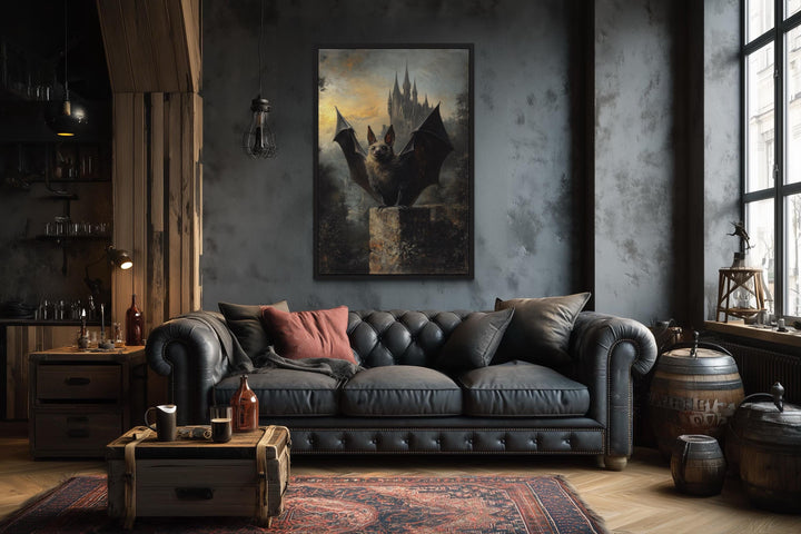 Gothic Bat With Wings Spread in Front of Haunted Castle Halloween Wall Art
