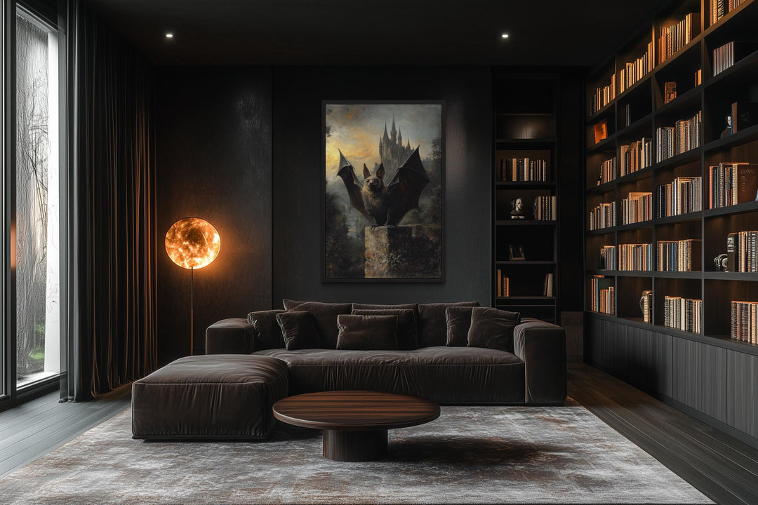 Gothic Bat With Wings Spread in Front of Haunted Castle Halloween Wall Art