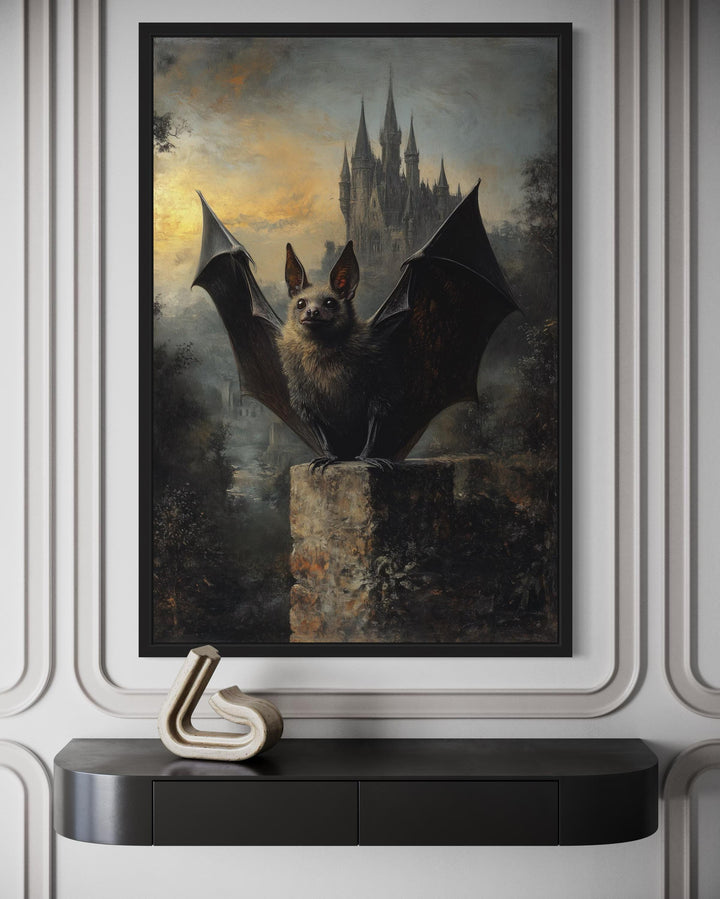Gothic Bat With Wings Spread in Front of Haunted Castle Halloween Wall Art