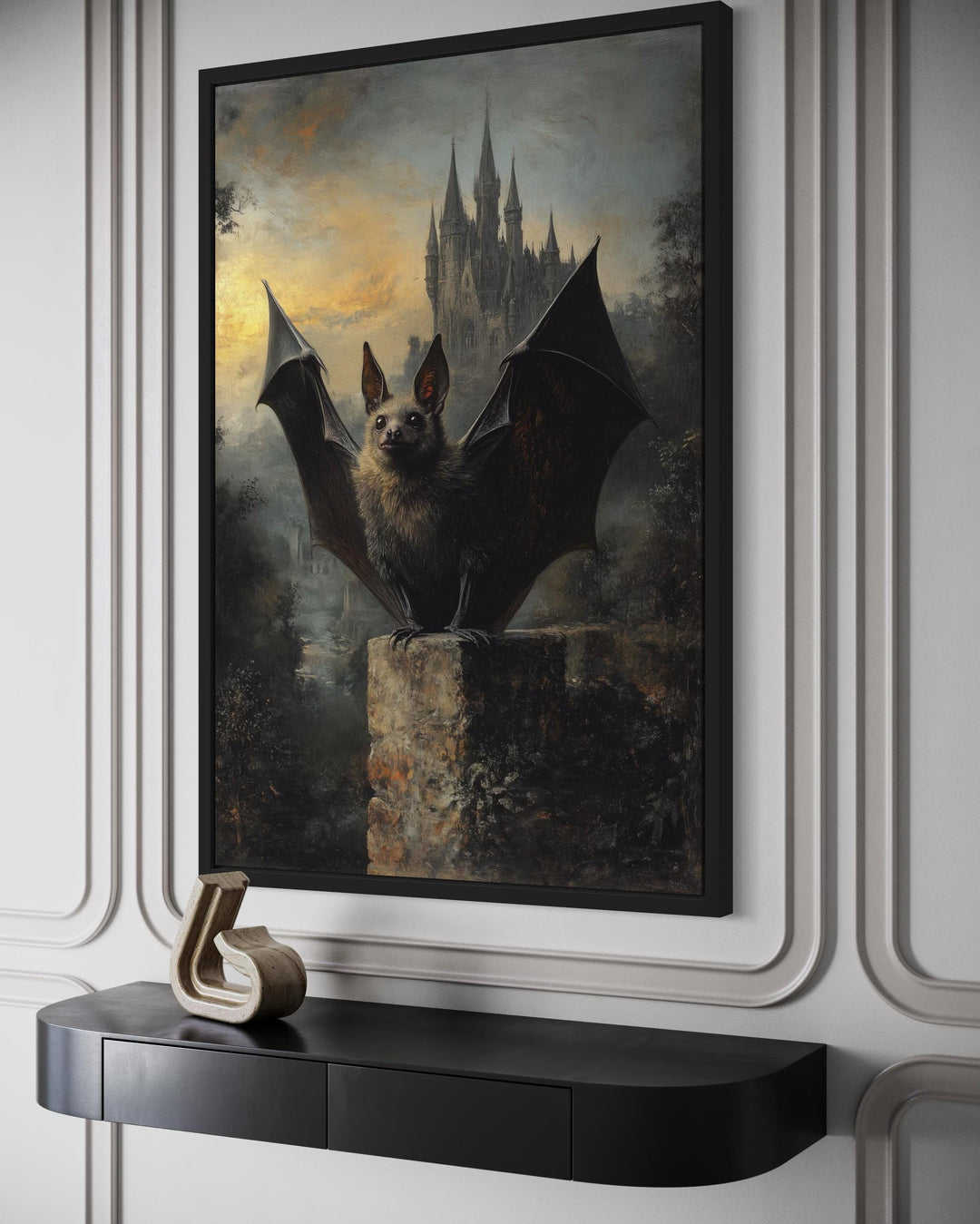 Gothic Bat With Wings Spread in Front of Haunted Castle Halloween Wall Art