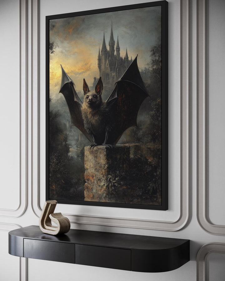 Gothic Bat With Wings Spread in Front of Haunted Castle Halloween Wall Art