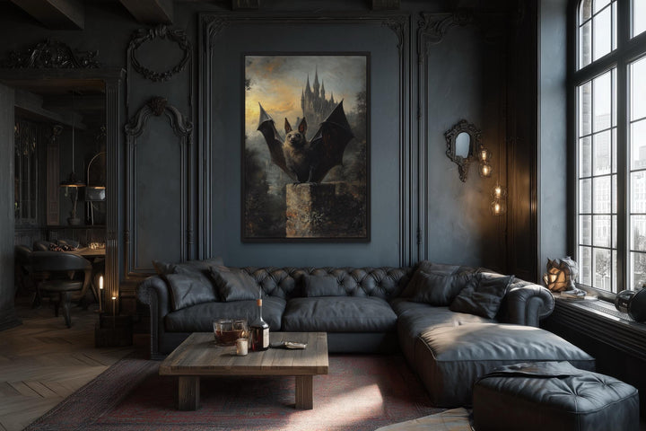 Gothic Bat With Wings Spread in Front of Haunted Castle Halloween Wall Art