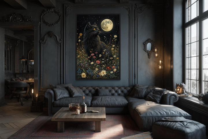 Gothic Black Cat In Meadow Under Full Moon Wall Art