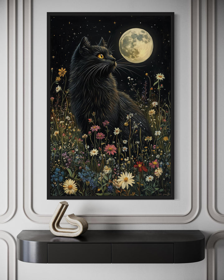 Gothic Black Cat In Meadow Under Full Moon Wall Art