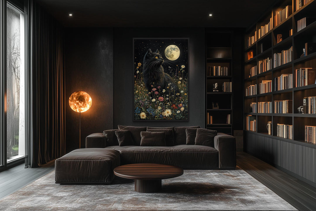 Gothic Black Cat In Meadow Under Full Moon Wall Art