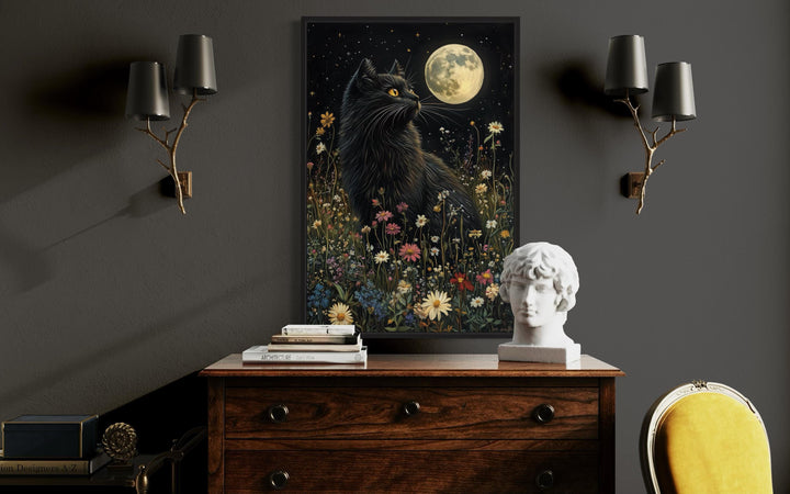 Gothic Black Cat In Meadow Under Full Moon Wall Art