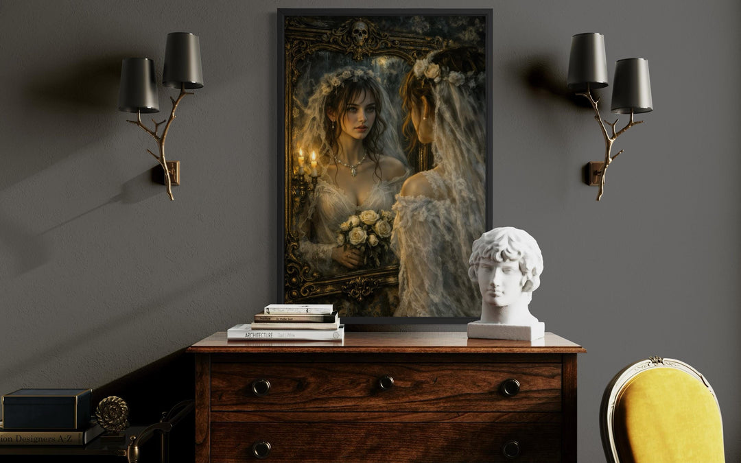 Gothic Bride wall art featuring a dark romantic Victorian wedding portrait in a black frame.
