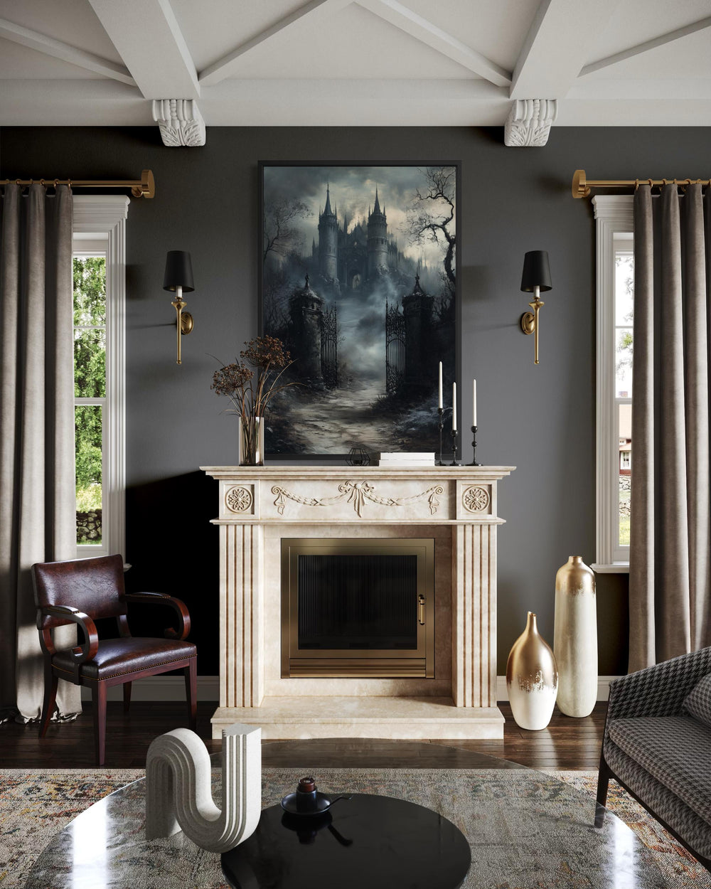 Gothic Castle Gate Vertical Canvas Wall Art displayed above a fireplace in a moody, dark room.