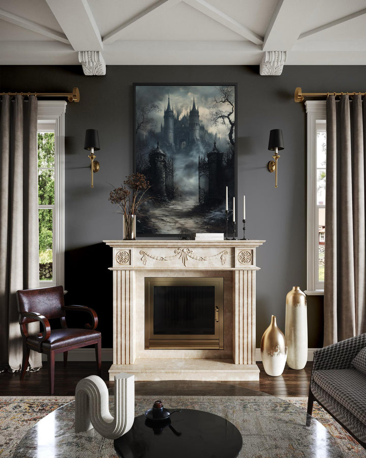 Gothic Castle Gate Vertical Canvas Wall Art displayed above a fireplace in a moody, dark room.