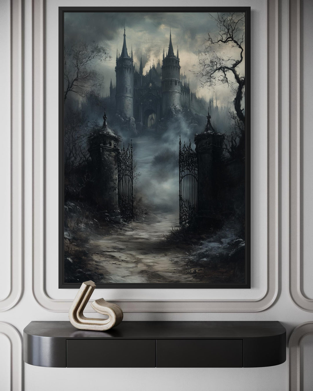 Vertical canvas wall art of a gothic castle gate in a misty, moonlit forest above a black console.