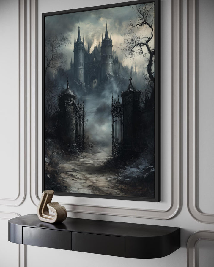 Gothic Castle Gate Vertical Canvas Wall Art featuring a dark, misty castle in a black frame.