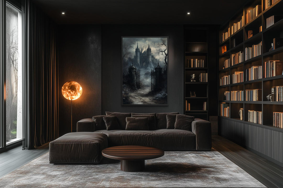 Gothic Castle Gate Vertical Canvas Wall Art displayed in a dark, moody library setting.