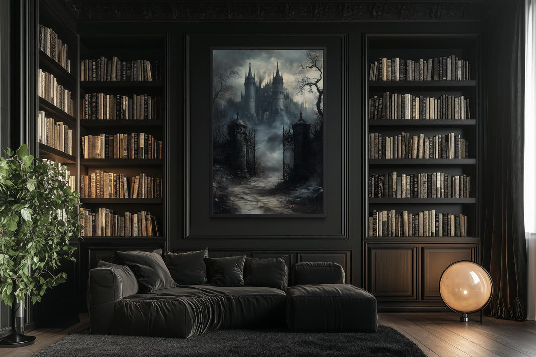 Vertical canvas wall art of a gothic castle gate in a dark, moody library with a black sofa.