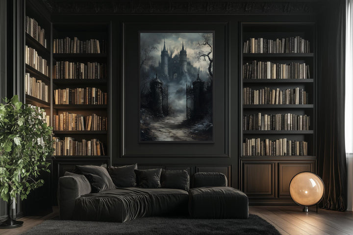 Vertical canvas wall art of a gothic castle gate in a dark, moody library with a black sofa.