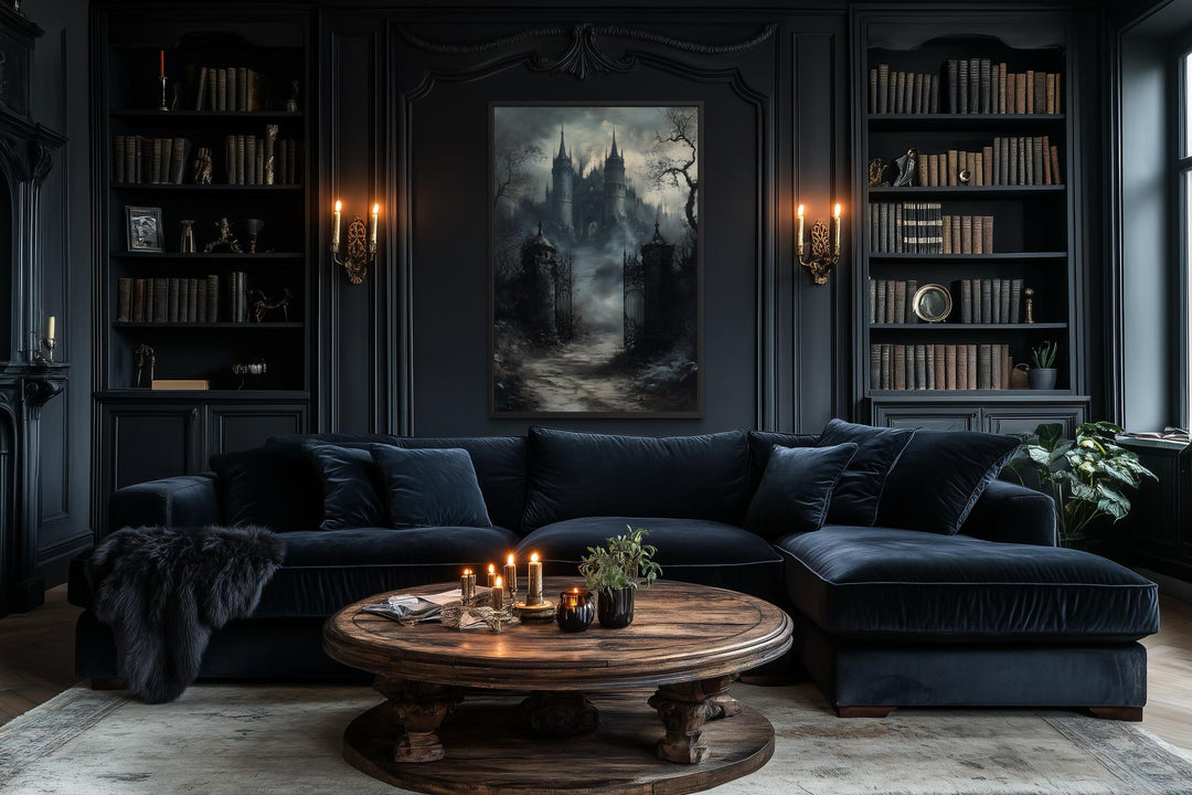 Vertical canvas wall art of a gothic castle gate hanging in a dark, moody living room.