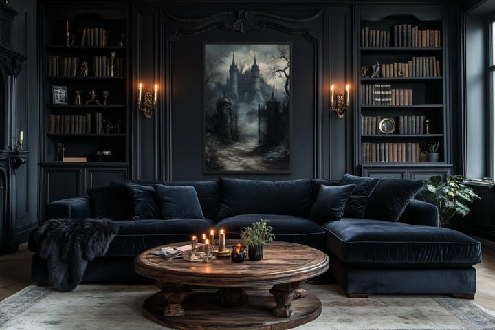 Vertical canvas wall art of a gothic castle gate hanging in a dark, moody living room.