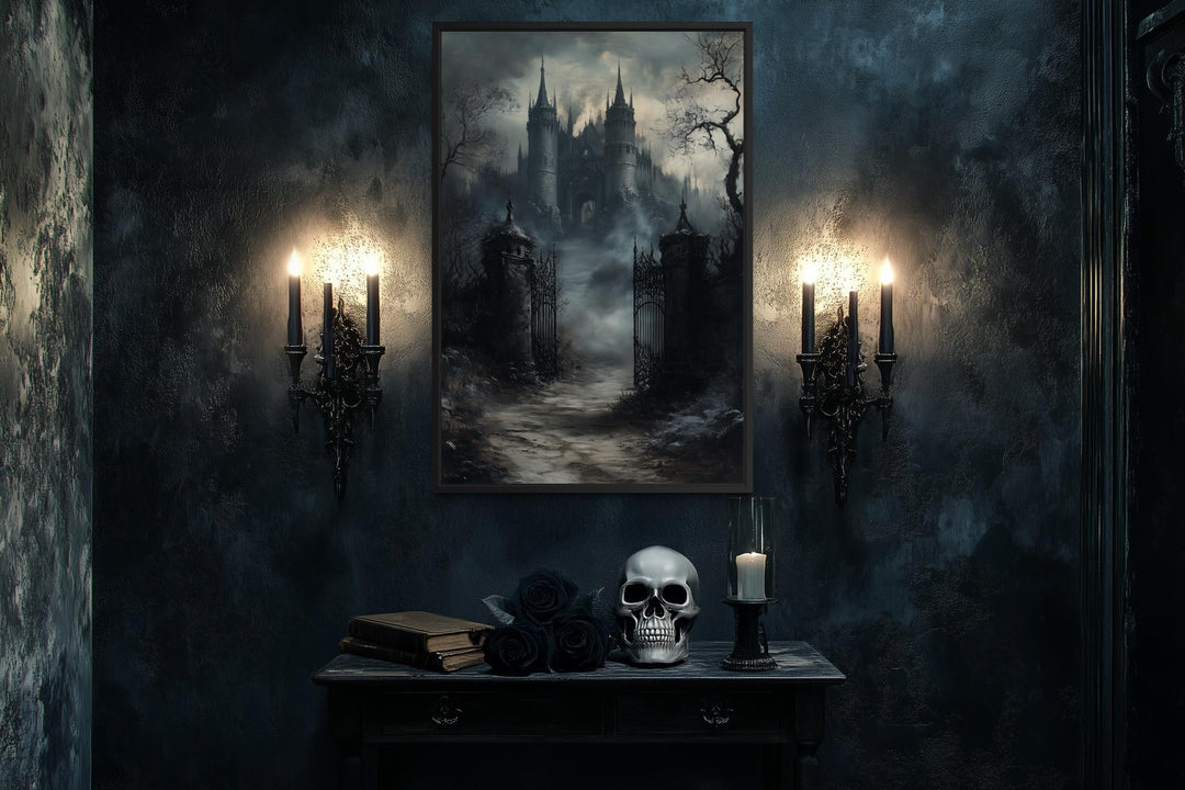 Vertical canvas wall art of a gothic castle gate in a dark, atmospheric room with candles.