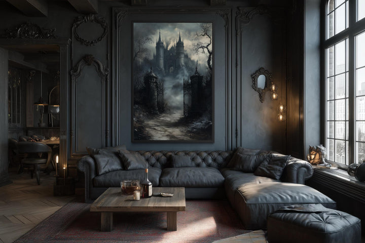 Gothic Castle Gate vertical canvas wall art displayed in a dark, moody living room.
