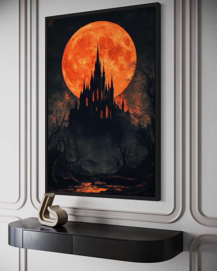 Gothic Castle Under Glowing Halloween Orange Blood Moon