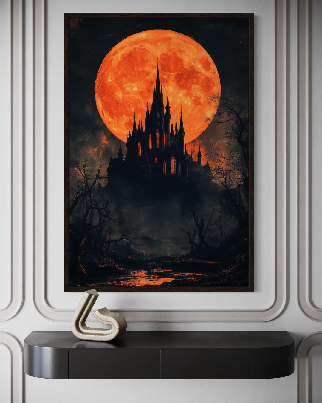Gothic Castle Under Glowing Halloween Orange Blood Moon