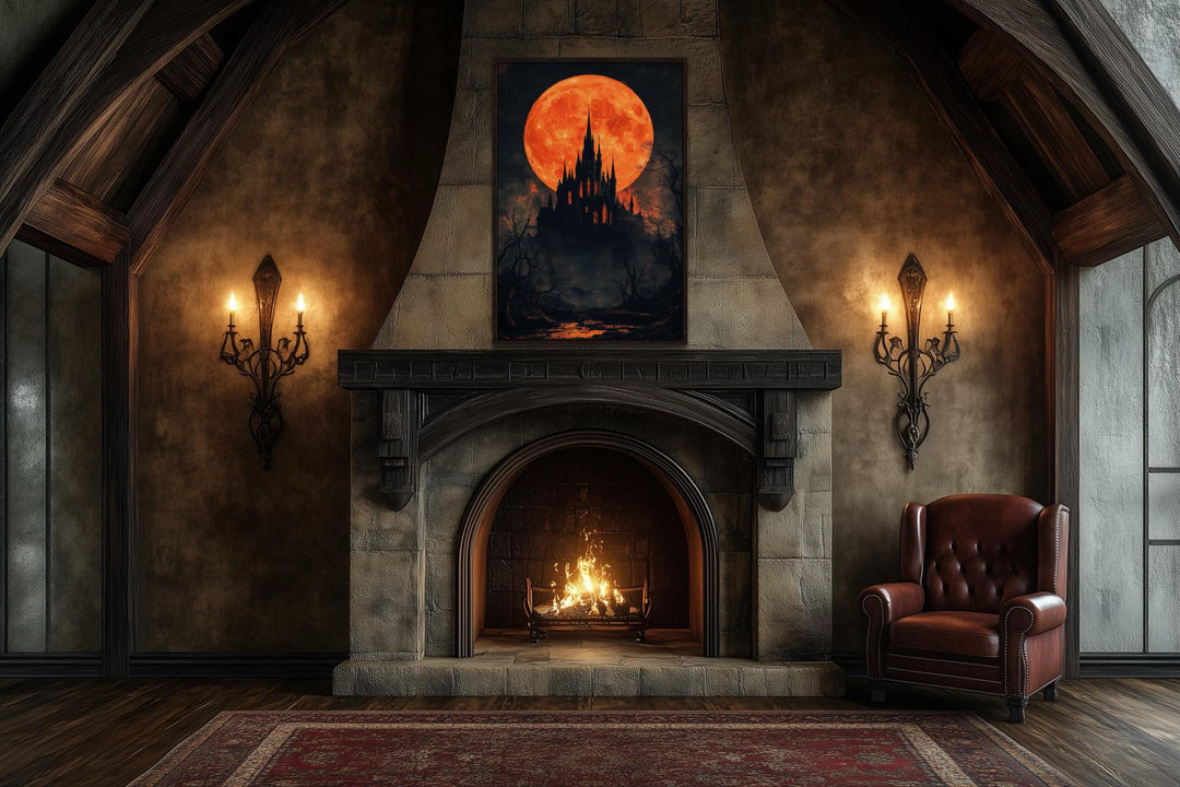 Gothic Castle Under Glowing Halloween Orange Blood Moon