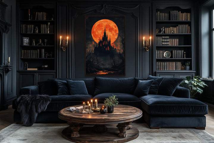 Gothic Castle Under Glowing Halloween Orange Blood Moon