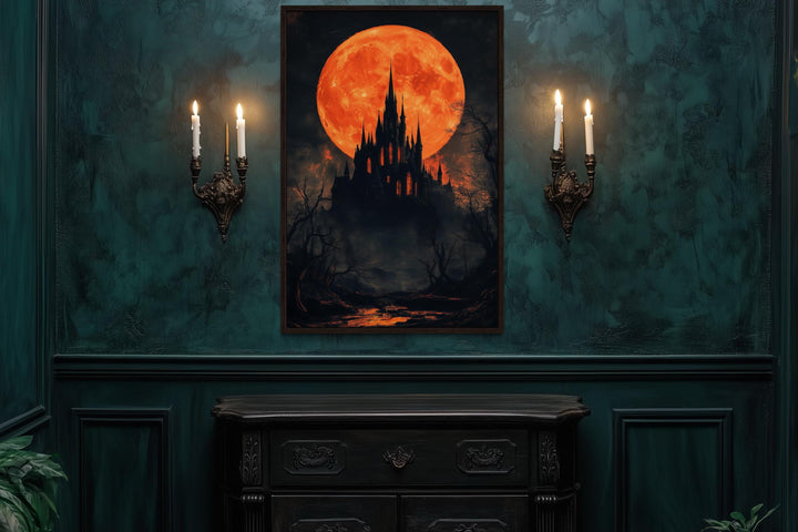 Gothic Castle Under Glowing Halloween Orange Blood Moon