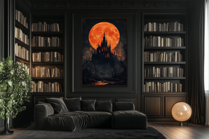 Gothic Castle Under Glowing Halloween Orange Blood Moon