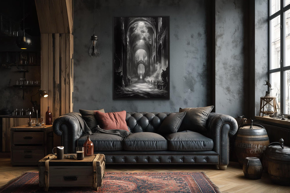 Gothic Cathedral Interior Black and White Wall Art