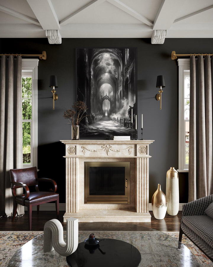 Gothic Cathedral Interior Black and White Wall Art