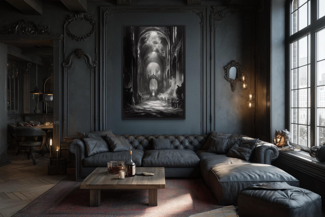 Gothic Cathedral Interior Black and White Wall Art