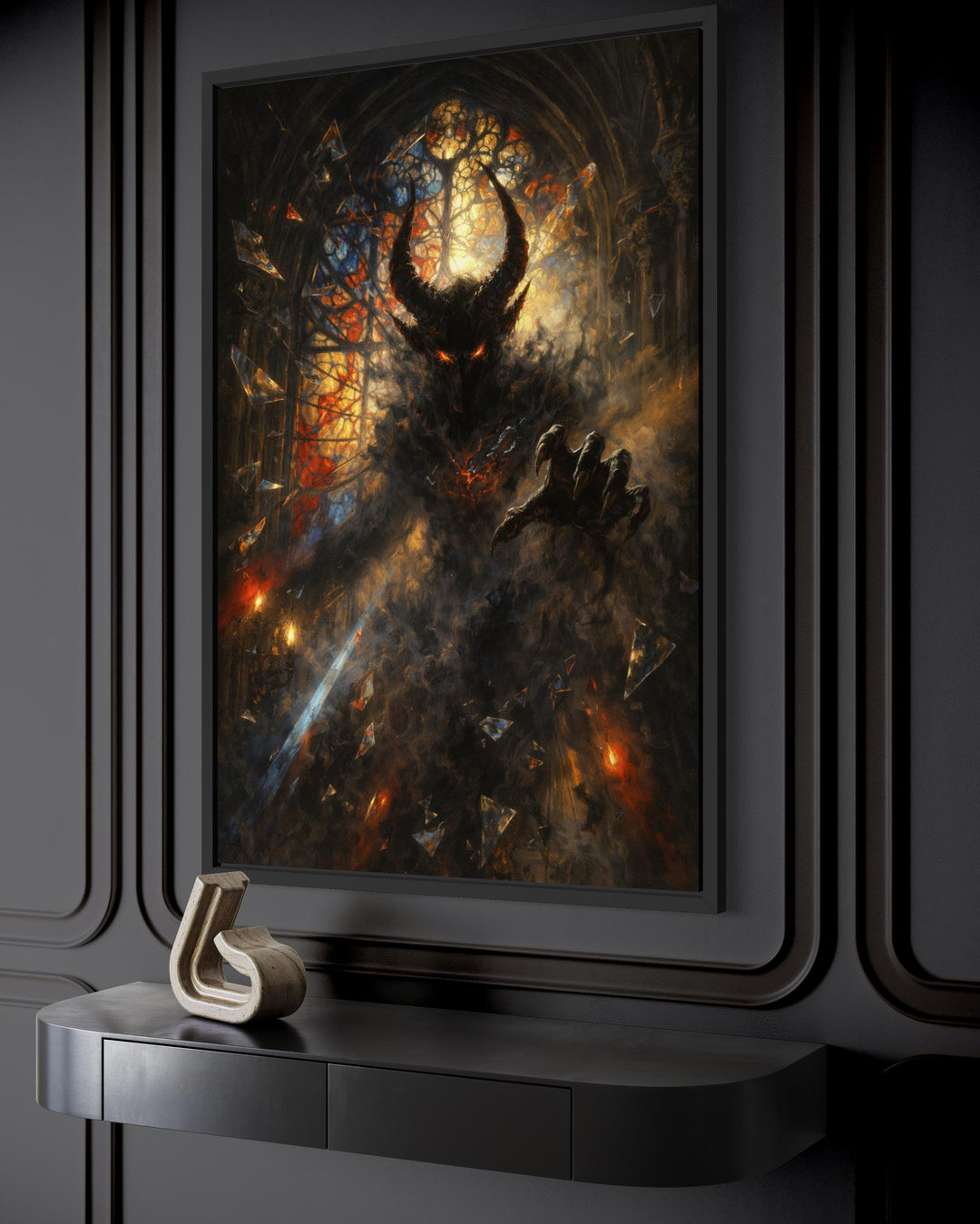 Gothic demon wall art featuring a dark fantasy horned creature canvas print in a black frame.