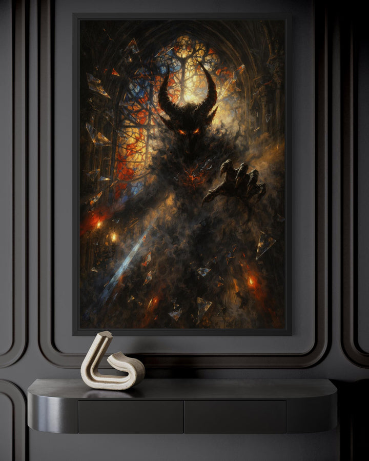 Gothic demon wall art featuring a dark fantasy horned creature canvas print in a black frame.