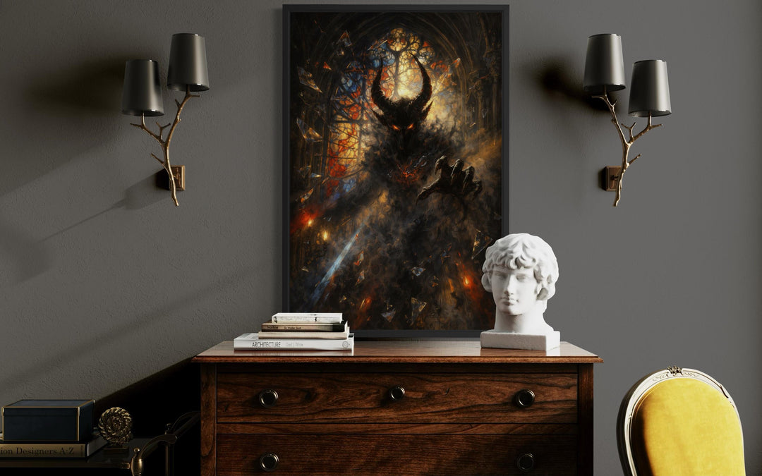 Gothic demon wall art featuring a dark fantasy horned creature in a black frame above a dresser.