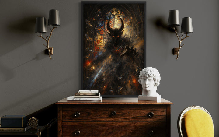 Gothic demon wall art featuring a dark fantasy horned creature in a black frame above a dresser.