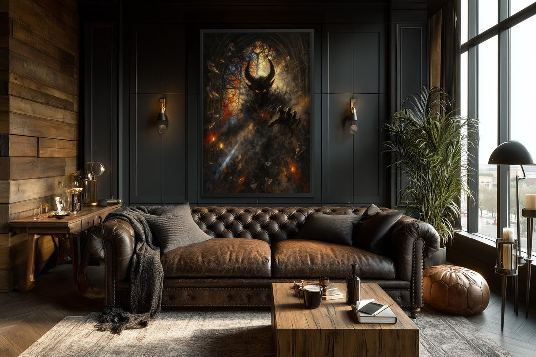 Gothic demon wall art featuring a dark fantasy horned creature canvas print in a moody living room.