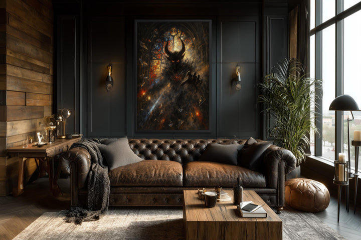 Gothic demon wall art featuring a dark fantasy horned creature canvas print in a moody living room.