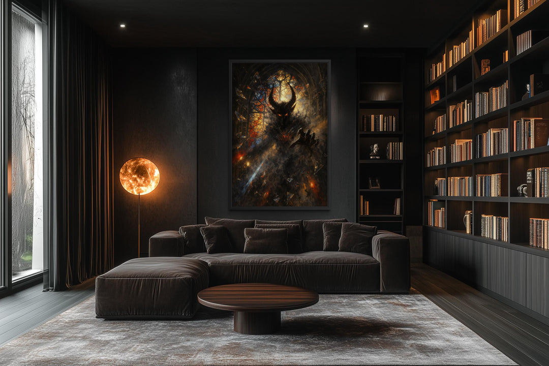 Gothic demon wall art featuring a dark fantasy horned creature on a canvas print in a modern room.