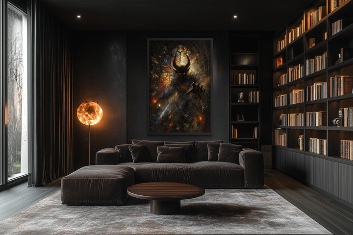 Gothic demon wall art featuring a dark fantasy horned creature on a canvas print in a modern room.