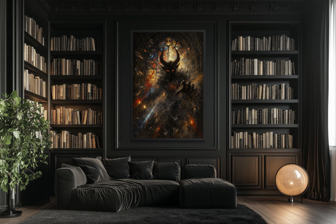 Gothic demon wall art featuring a dark fantasy horned creature canvas print in a moody library.