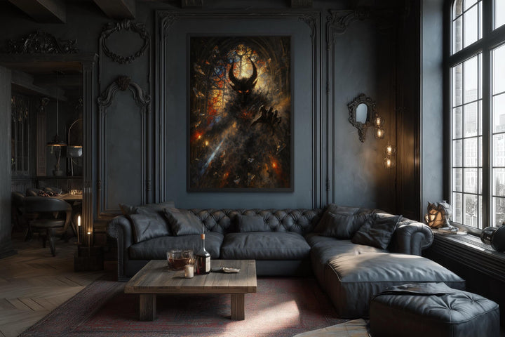 Gothic demon wall art featuring a dark fantasy horned creature canvas print in a moody living room.