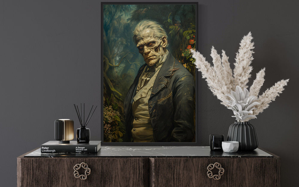 Library Wall Decor - Gothic Frankenstein's Monster Framed Canvas Wall Art