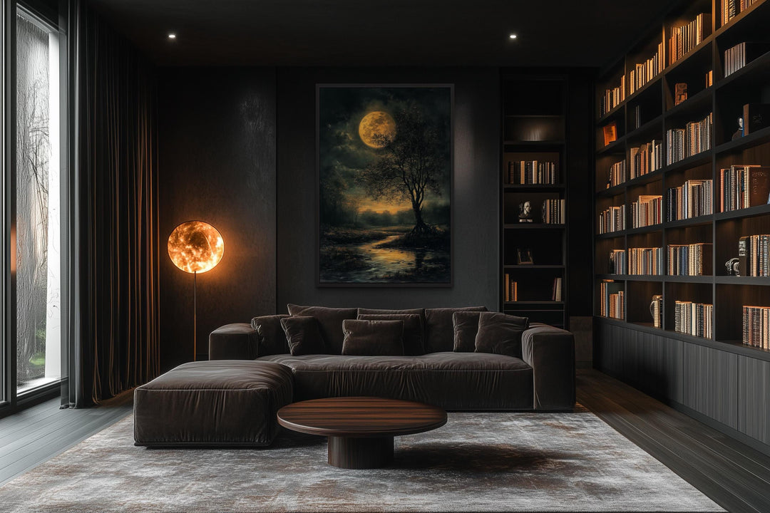 Gothic Full Moon Over Forest – Spooky Tree and Reflecting Water Landscape Halloween Wall Art