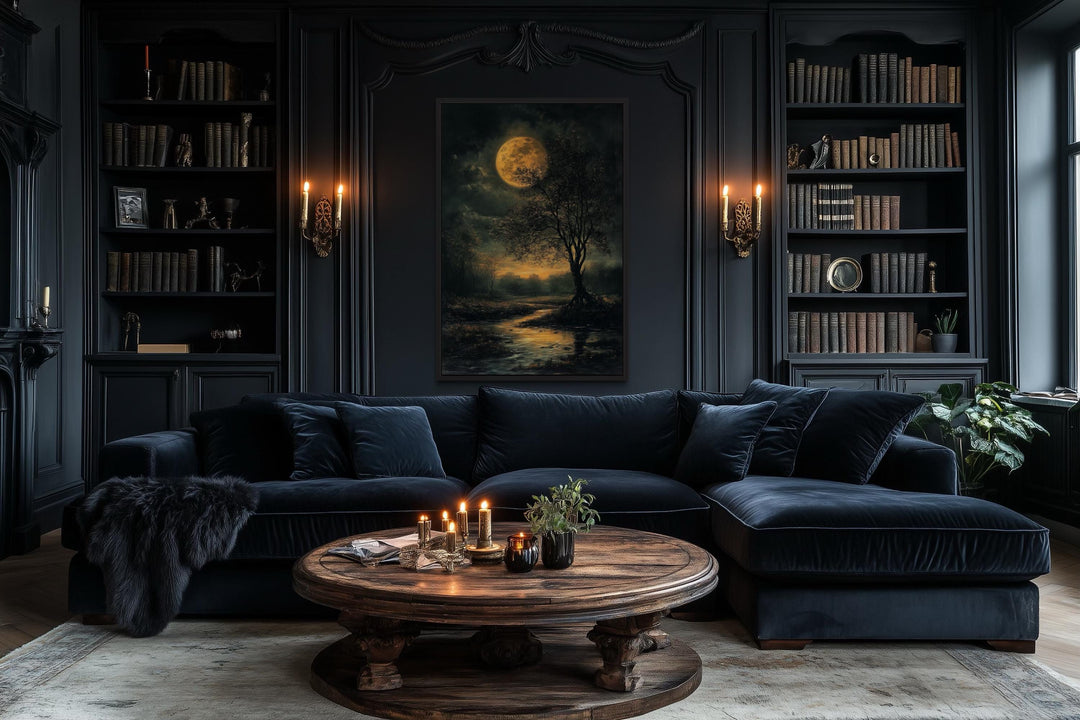 Gothic Full Moon Over Forest – Spooky Tree and Reflecting Water Landscape Halloween Wall Art