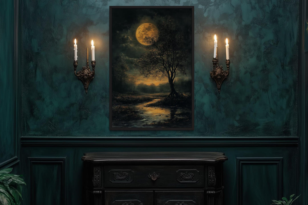 Gothic Full Moon Over Forest – Spooky Tree and Reflecting Water Landscape Halloween Wall Art