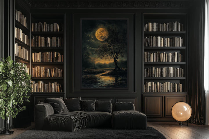 Gothic Full Moon Over Forest – Spooky Tree and Reflecting Water Landscape Halloween Wall Art