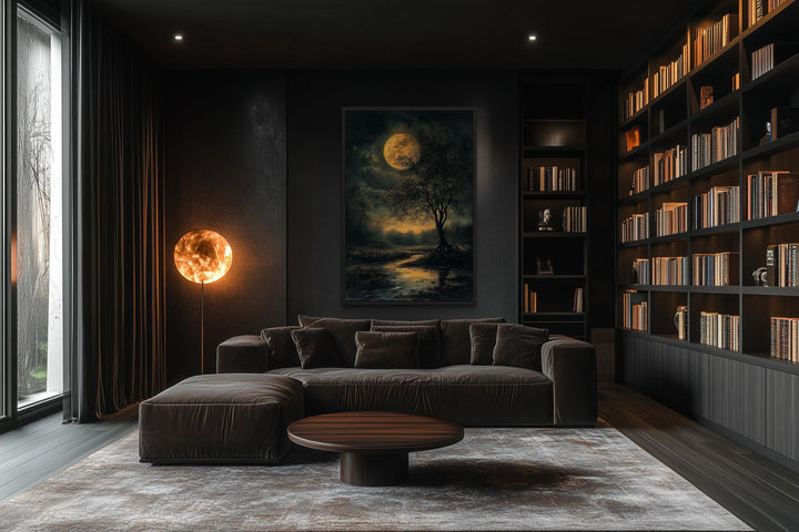 Gothic Full Moon Over Forest – Spooky Tree and Reflecting Water Landscape Halloween Wall Art